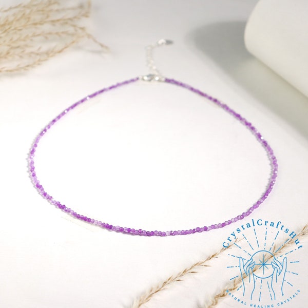 Amethyst Crystal Delicate Choker AAA+ Amethyst Minimalist Necklace 2MM Tiny Purple Crystal Beads Dainty Choker Dainty Crystal Necklace Gift