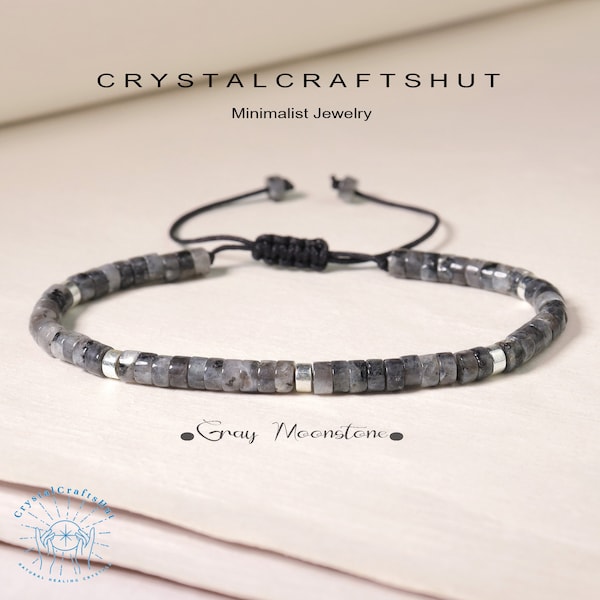 Moonstone Minimalist Bracelet Gray Gemstone Bead Healing Bracelet 4MM Tiny Bead Bracelet Adjustable Yoga Crystal Dainty Bracelet Unique Gift