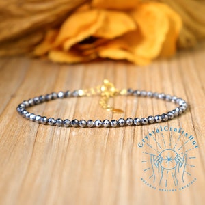 Natural Hematite Bead Delicate Bracelet 3MM Tiny Bead Bracelet Gemstone Stone Minimalist Bracelet Adjustable Yoga Dainty Bracelet Gift