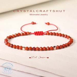 Red Jasper Minimalist Bracelet Delicate Beaded Red Gemstone Skinny Bracelet 4MM Tiny Bead Stone Anklet Yoga Crystal Dainty Bracelet Gift