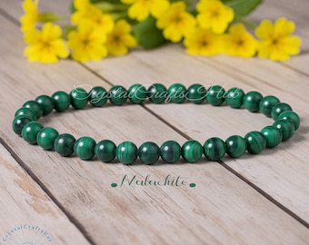 5mm Natural Malachite Bracelet • Beaded Stretch Yoga Bracelet • Crystal Chakra Gemstone Jewelry • Gift for Her, Mom, Sister +Gift Pouch