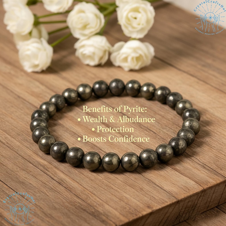Naturligt pyritarmband, 8 mm ädelstenspärlor, minimalistiskt stretchigt yogaarmband, skyddande sten bild 2