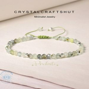 Prehnite Bracelet Green Gemstone Bead Minimalist Bracelet 3MM Tiny Bead Bracelet Adjustable Triple Protection Crystal Dainty Bracelet Gift