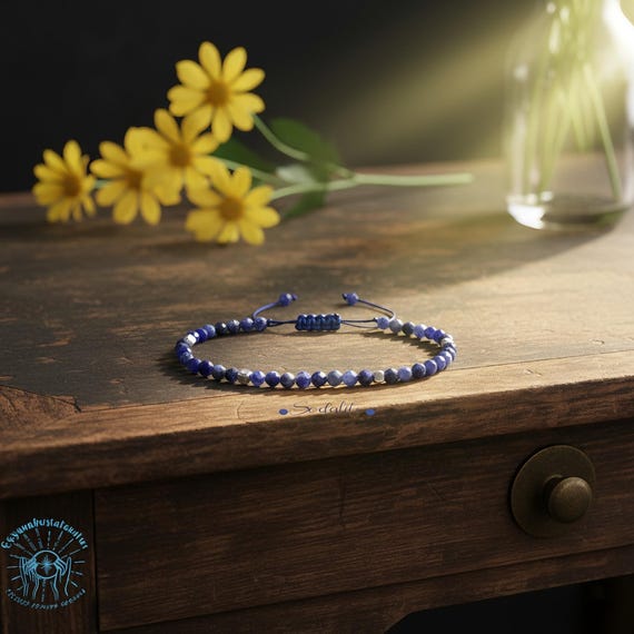 Natural Blue Sodalite Bracelet | 3mm Beaded Adjustable Minimalist Gemstone Jewelry | Dainty Yoga Gift for Her