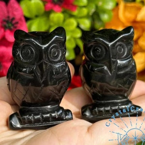 Obsidian Owl Figurine Hand Carved Miniature Stone Animal Figures Night Owl Statue Mineral Black Obsidian Carving Home Decor Christmas Gift