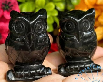 Obsidian Owl Figurine Hand Carved Miniature Stone Animal Figures Night Owl Statue Mineral Black Obsidian Carving Home Decor Christmas Gift