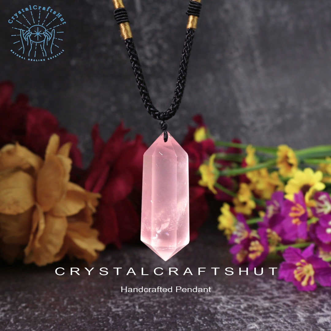 Rose Quartz Crystal Pendant Necklace, Natural Gemstone Double Points