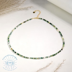 AAA+ Green Moss Agate Round Beaded Choker 3mm Tiny Green Gemstone Beads Dainty Necklace Natural Green Agate Minimalist Choker Yoga Gift