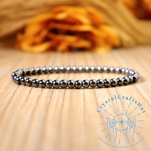 Hematite Stretch Bracelet AAA+ 4mm Hematite Gemstone Beaded Dainty Bracelet Natural Black Hematite Crystal Minimalist Bracelet +Gift Pouch