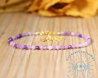 Amethyst Tiny Stone Minimalist Bracelet Purple Gemstone Delicate Bracelet Adjustable Crystal Bracelet 2MM Bead Skinny Bracelet Gift for Her