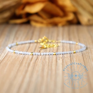 Angelite Stone Beaded Delicate Bracelet 2MM Tiny Bead Stone Bracelet Gemstone Skinny Bracelet Adjustable Minimalist Bracelet Crystal Gift