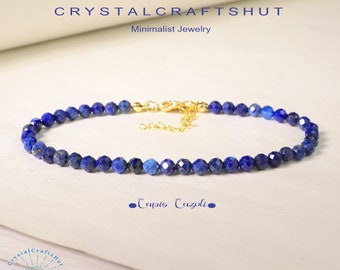 Lapis Lazuli Minimalist Bracelet Healing Blue Gemstone Skinny Bracelet 4MM Tiny Bead Bracelet Yoga Crystal Delicate Bracelet Christmas Gift