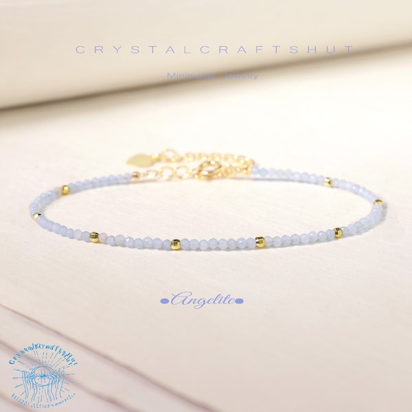 Angelite Minimalist Bracelet Light Blue Gemstone Delicate Bead Skinny Bracelet Yoga Crystal Dainty Bracelet 2MM Tiny Bead Bracelet Gift