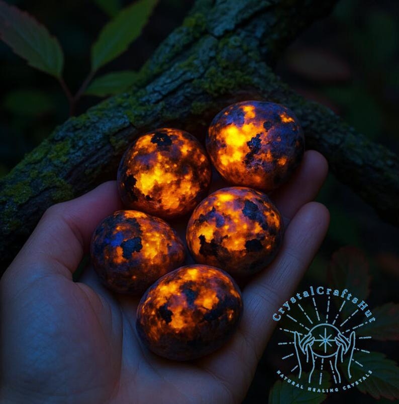 May include: Five glowing, spherical stones with fiery orange and dark blue patterns are held in a hand. The stones appear to emit their own light, creating a warm, otherworldly glow. The background is a dark, natural setting with green foliage.