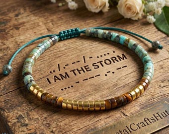 Custom Morse Code Bracelet, African Turquoise, Tiger Eye, Custom "I Am The Storm" Message, Encouragement Gift