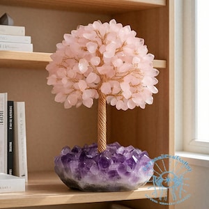 Rose Quartz Tree of Life with Amethyst Base | Unique Pink Crystal Tree | Birthstone Gemstone Home Decor | Perfect Gift for Any Occasion