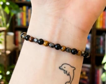 Dreifachschutz Armband: Tigerauge, Hämatit, Obsidian | 925 Silber 3 mm Perlen
