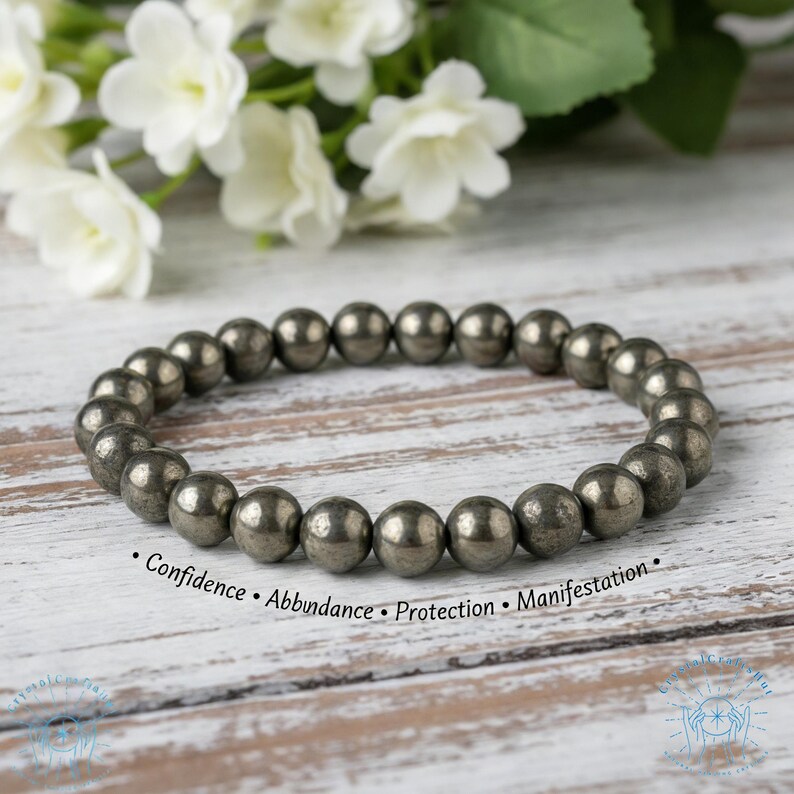 Naturligt pyritarmband, 8 mm ädelstenspärlor, minimalistiskt stretchigt yogaarmband, skyddande sten bild 5