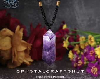 Chevron Amethyst Crystal Pendant Necklace, Natural Gemstone Double Points Pendant Necklace, Healing Crystals Spiritual Protection Gift