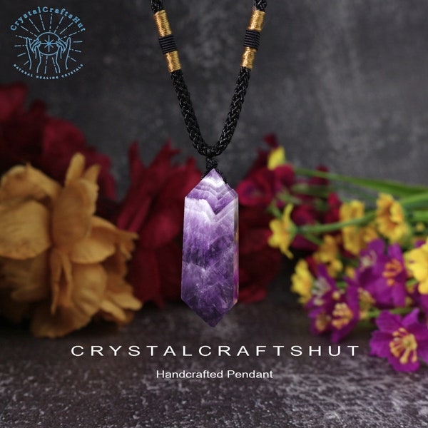 Chevron Amethyst Crystal Pendant Necklace, Natural Gemstone Double Points Pendant Necklace, Healing Crystals Spiritual Protection Gift