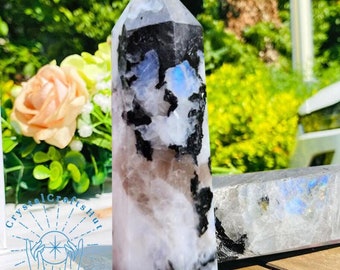 AAA+ Moonstone Quartz Point Tower Moonstone Obelisk Wand Rainbow Gemstone Tower Mineral Specimen Rough Stone Home Decoration Crystal Gift