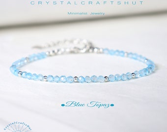 Blå topas pärlarmband minimalistiskt ädelstensarmband smalt armband 2 MM liten stenpärla delikat armband yogakristall elegant armband henne gåva