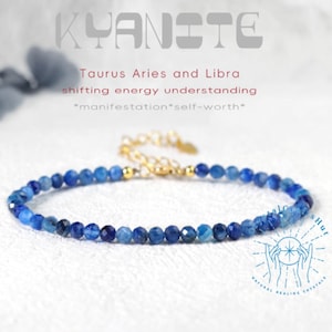 Blue Kyanite Minimalist Bracelet, 3mm Kyanite Faceted Beaded Bracelet, Kyanite Gemstone Bracelet Adjustable, Bracelet Gift for Mom Friends