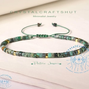 Green Jasper Minimalist Bracelet 4mm Green Gemstone Tube Beaded Bracelet Birthstone Jasper Bracelet for Mom Sister Wife Friends +Gift Pouch
