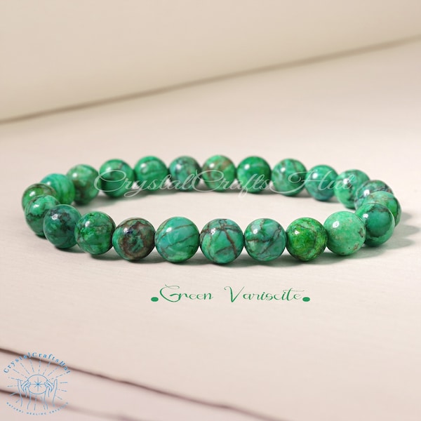 Green Variscite Beaded Bracelet Green Gemstone Stone Stretch Bracelet Meditation Yoga Bracelet Crystal Gift for Mom Friends +Gift Pouch