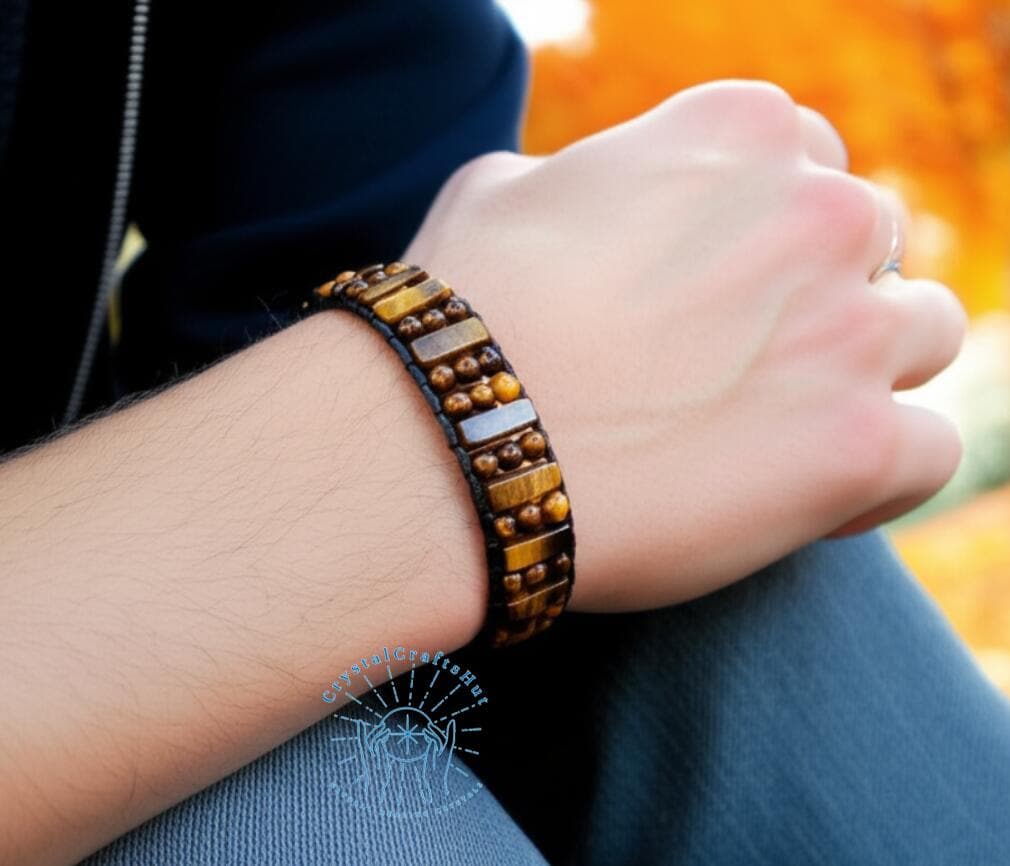 Tiger Eye Bracelet for Men, Handcrafted Adjustable Leather Arm Band, Natural Gemstone Wristlet, Men's Accessory, Unique Gift for Him & Her