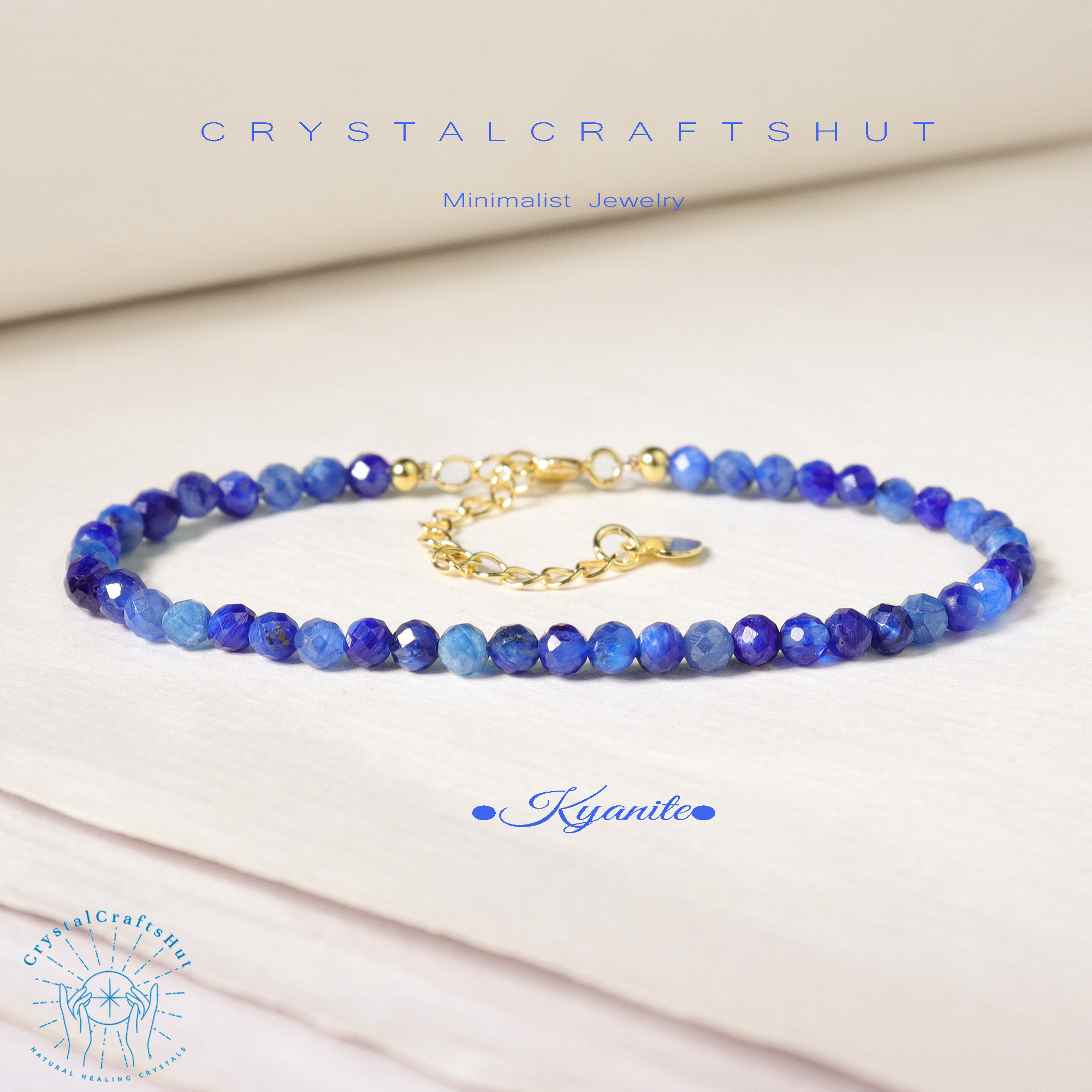 Kyanite Dainty Bracelet Blue Crystal Yoga Minimalist Bracelet Blue Gemstone Skinny Bracelet 3MM Tiny Beaded Stone Bracelet +Gift Pouch