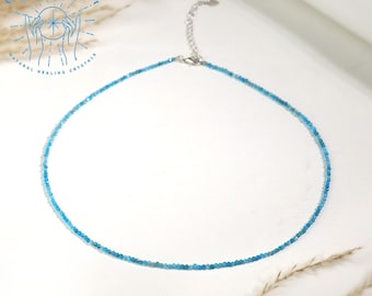Natural Apatite Stone Delicate Necklace 2MM Tiny Blue Gemstone Beaded Dainty Choker Blue Apatite Minimalist Choker Adjustable Crystal Gift