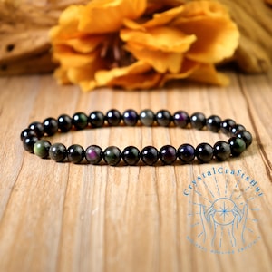 5mm Rainbow Obsidian Stretch Bracelet Black Gemstone Beads Bracelet Meditation Crystal Minimalist Bracelet Gift for Mom Sister Wife Friends