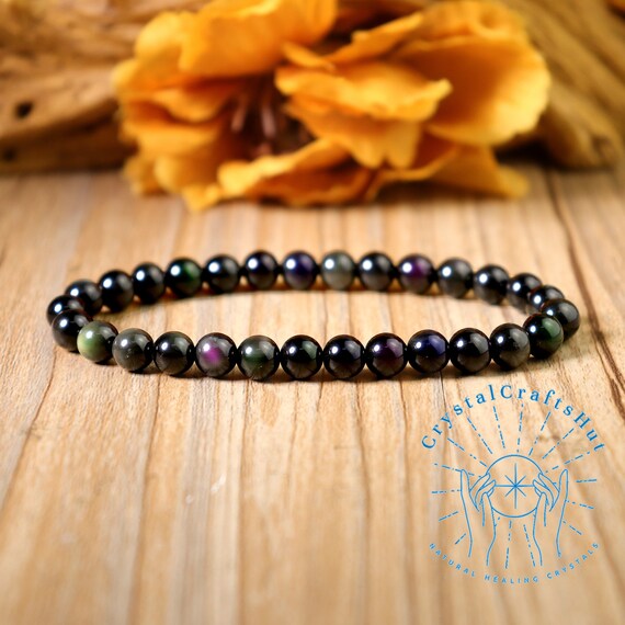 Natural Black Obsidian Rainbow Gemstone Bracelet - 12mm Round Beads - Stretch Bangle - Handmade Jewelry