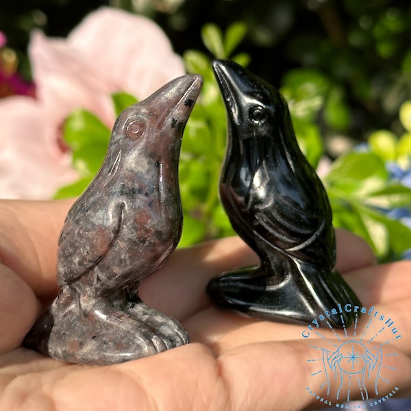 Natural Obsidian Crow Figurine Hand Carved Miniature Stone Animal Figures Bird Statue Mineral Yooperlite Carving Home Decor Crystals Gift