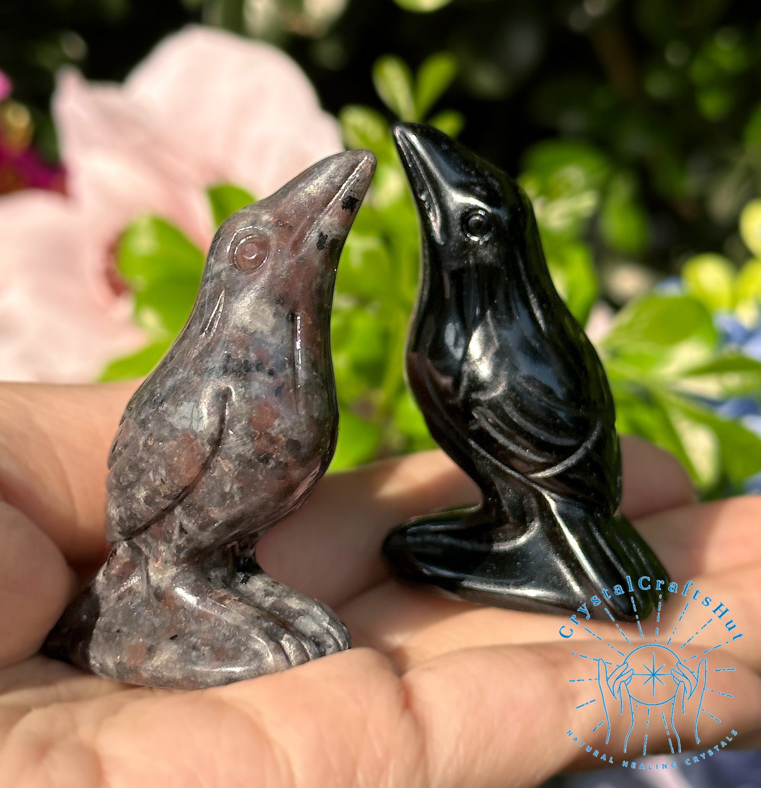 Natural Obsidian Crow Figurine Hand Carved Miniature Stone Animal