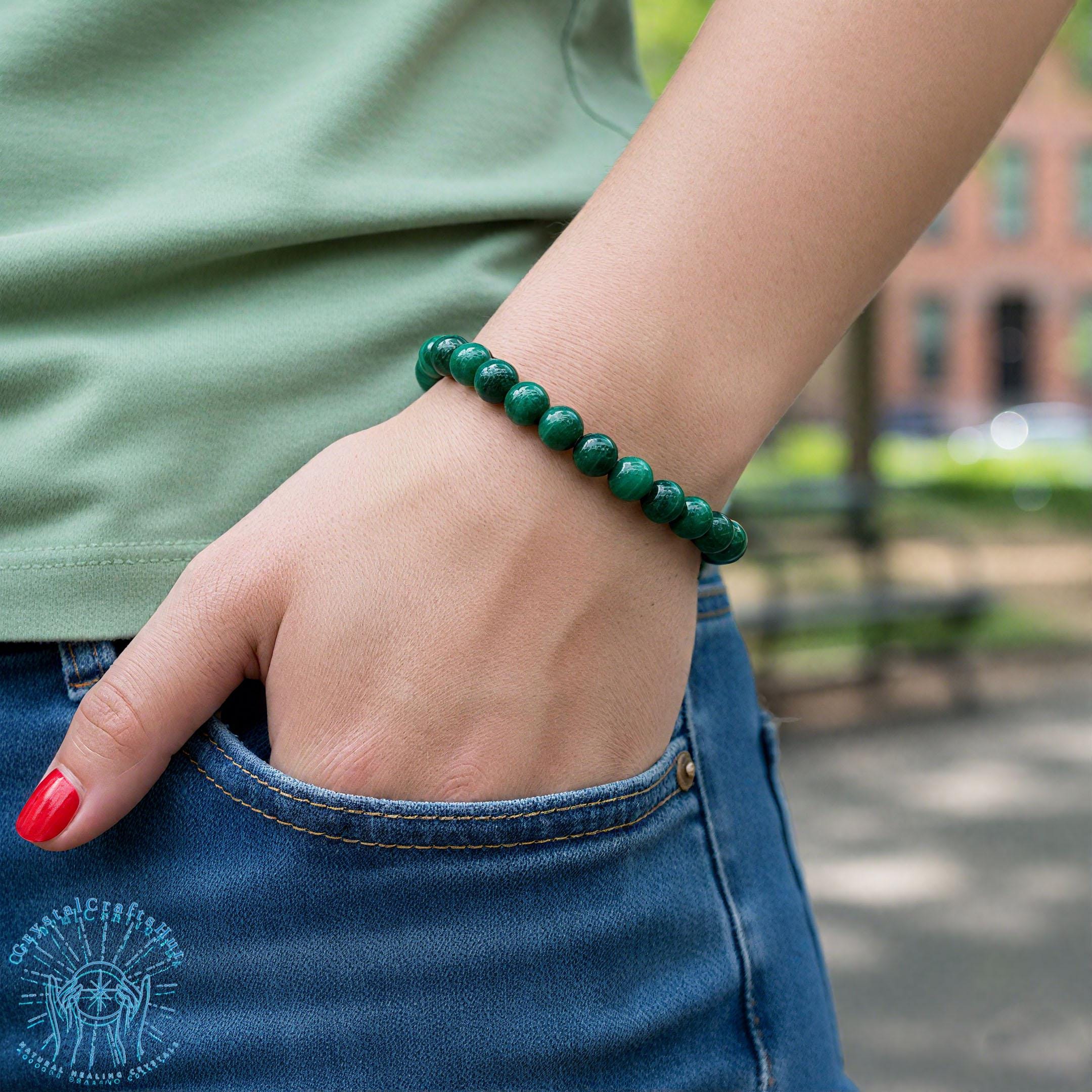 YOOESTORES82 Bracciale Elasticizzato In Malachite – Perline Di Pietre Preziose 8 Mm, Fatto A Mano, Portafortuna Per Yoga E Meditazione – Regalo Unisex