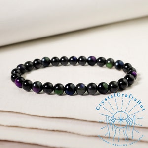 Rainbow Obsidian Dainty Bracelet Natural Black Gemstone 6mm Round Bead Stretch Bracelet Spiritual Crystal Bracelet Gift for Mom Sister Wife