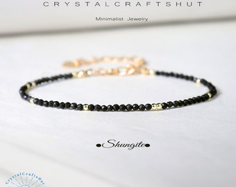 Shungite Beaded Minimalist Bracelet Black Gemstone Skinny Bracelet 2MM Tiny Stone Bead Delicate Bracelet Yoga Crystal Dainty Bracelet Gift