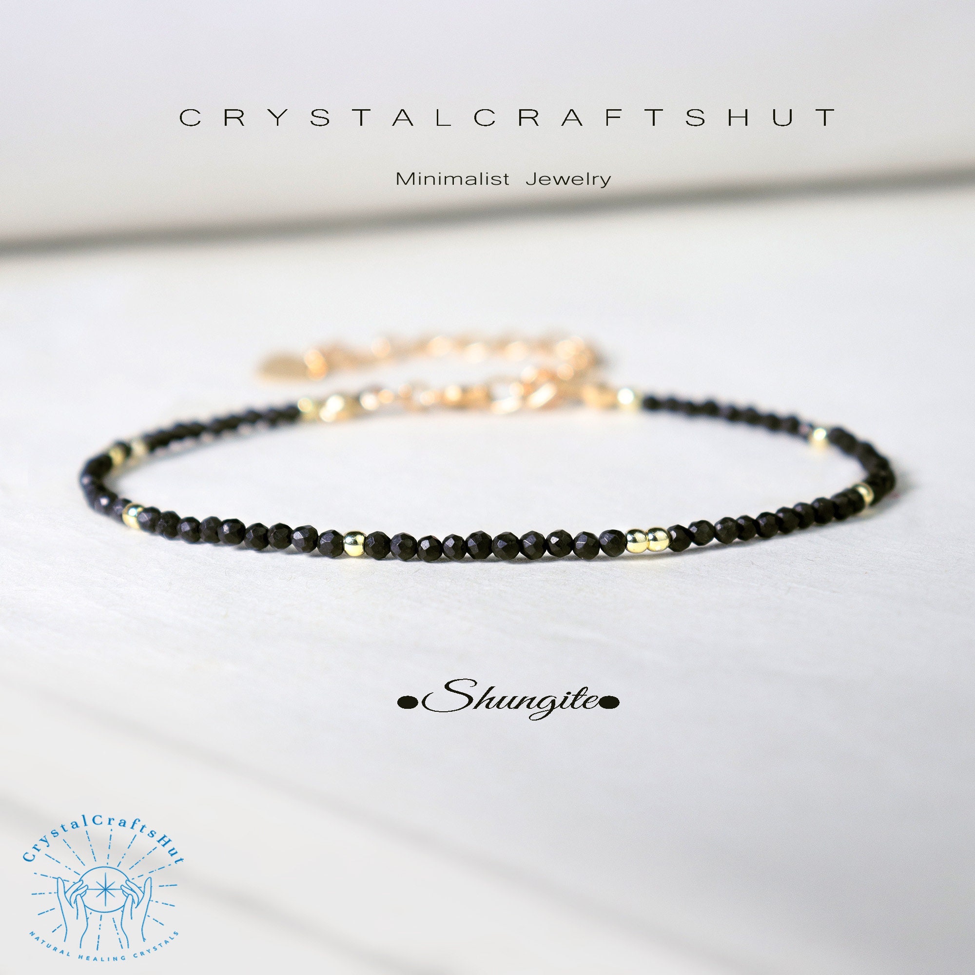 Shungite Beaded Minimalist Bracelet Black Gemstone Skinny Bracelet 2MM Tiny Stone Bead Delicate Bracelet Yoga Crystal Dainty Bracelet Gift