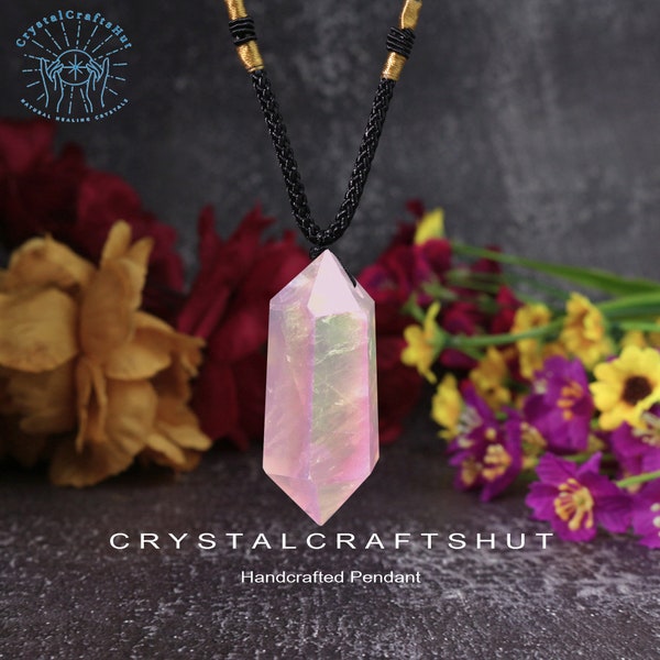 Angel Aura Quartz Crystal Pendant Necklace, Natural Gemstone Double Points Pendant Necklace, Healing Crystals Spiritual Protection Gift