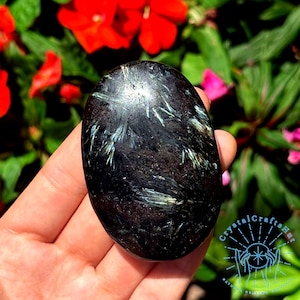 Arfvedsonite Palm Stone - Rare Fireworks Crystal Worry Stones for Car and Home Decor - Unique Gift for Mom, Wife, Dad, Friends + Gift Pouch
