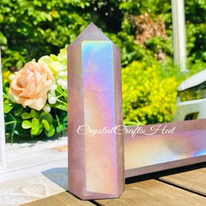 Natural Rainbow Rose Quartz Tower, Aura Crystal Point,  Pink Gemstone Tower, Angel Aura Rose Quartz Point, Crystal Tower, Car Home Decor