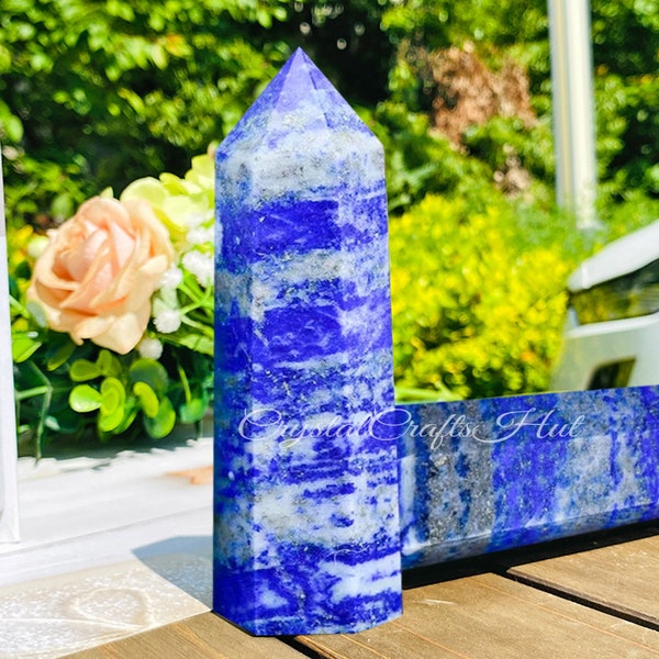 Lapis Lazuli Gemstone Tower Point Raw Lapis Lazuli Crystal Obelisk Wand Throat Chakra Stone Tower Mineral Specimen Home Decor +Gift Pouch