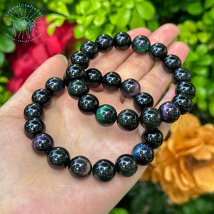 AAA+ Rainbow Obsidian Bracelet Black 12mm Round Crystals Stretch Gemstone Bracelet Meditation Triple Protection Yoga Crystal Bracelet Gift