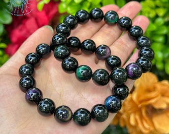 Rainbow Obsidian Bracelet Black 8mm Round Crystals Stretch Gemstone Bracelet Meditation Triple Protection Crystal Yoga Bracelet Gift for Her