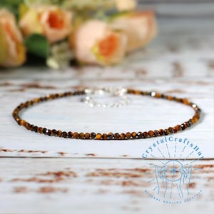 Dainty Tiger Eye Stone Anklet | 3mm Golden Faceted Beaded Summer Foot Bracelet | Adjustable 8.5&quot; Boho Chic Jewelry, + Gift Pouch