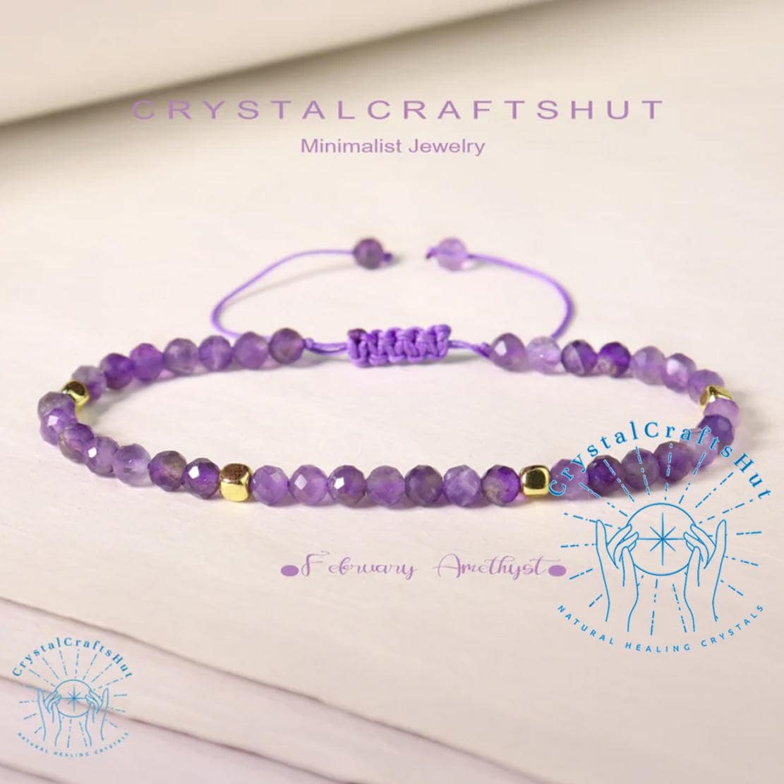 Amethyst Minimalist Bracelet 3mm Tiny Purple Crystal Beaded Bracelet February Birthstone Amethyst Bracelet Dainty Yoga Crystal Bracelet Gift