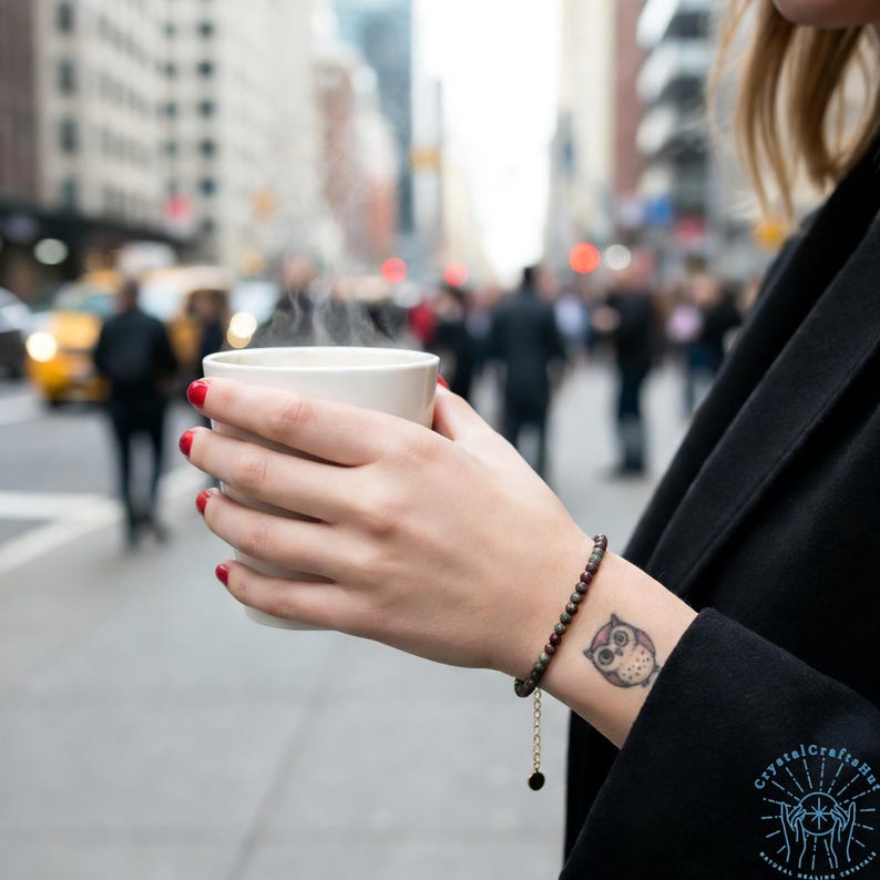 May include: A person holding a white ceramic mug with steam rising from it. A beaded bracelet with a gold chain and a small owl tattoo are visible on the wrist. The background shows a city street with blurred figures.