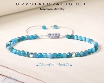 Blue Apatite Minimalist Bracelet Delicate Beaded Blue Gemstone Skinny Bracelet 3MM Tiny Bead Stone Bracelet Crystal Dainty Bracelet Gift